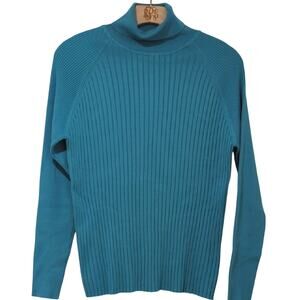 Austin Reed Silk Ribbed Turtleneck Sweater Women's L Jade Turquoise Blue Stretch